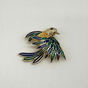 Vintage Hummingbird Brooch Pin Blue Green Enamel Gold Filled 14K Lindenwold